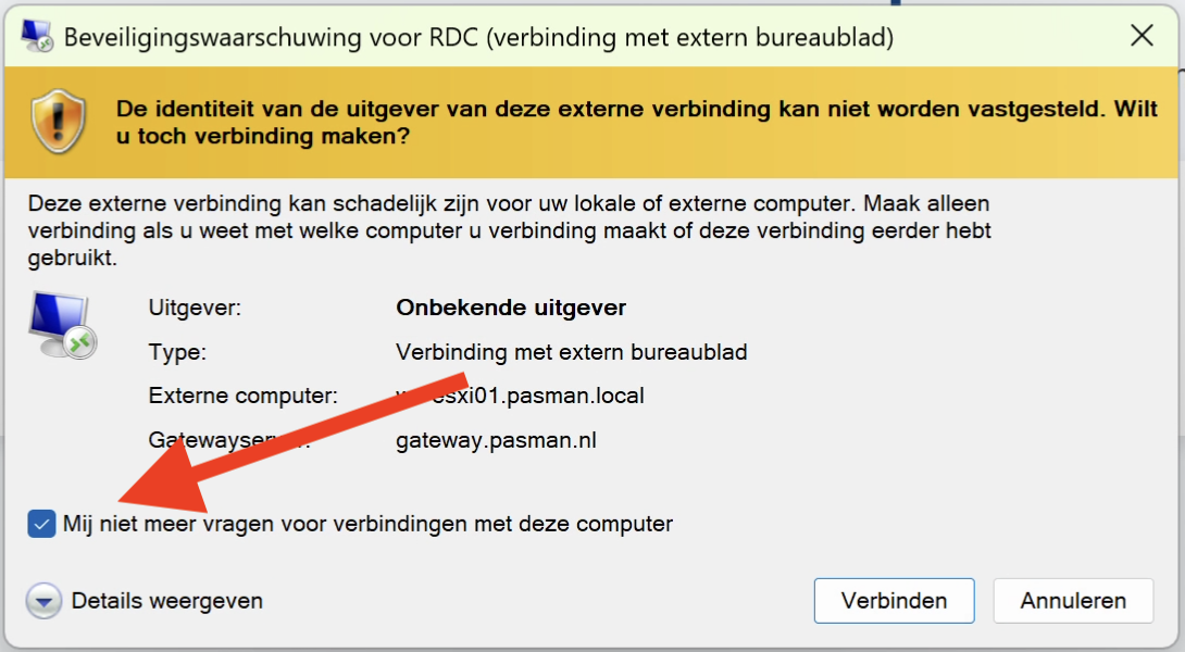 Beveiligingswaarschuwing voor RDC (onbekende uitgever)